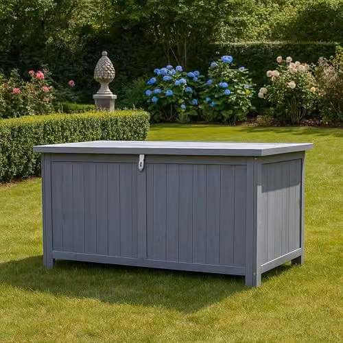 AIRWAVE Wooden Garden Storage Box with Lockable Showerproof Lid, 468L Capacity – 1
