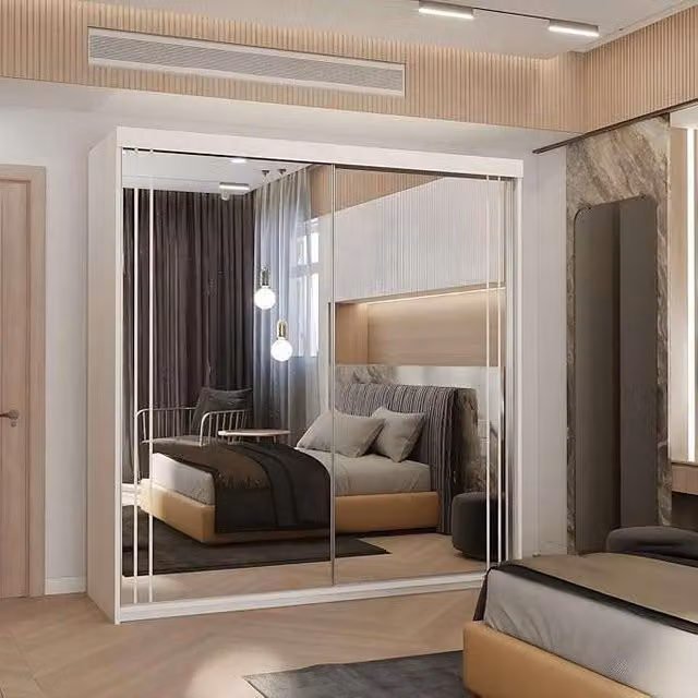 MN Furniture Sudan Modern Sliding Mirror Wardrobe with Integrated LED Lighting, White, W: 203 cm, H: 217 cm