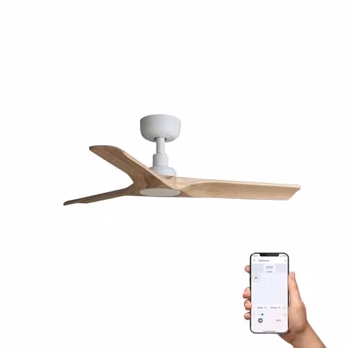 Faro Heywood Small 3 Blade Ceiling Fan in Matt White and Brown Wood with Tuya Smart System
