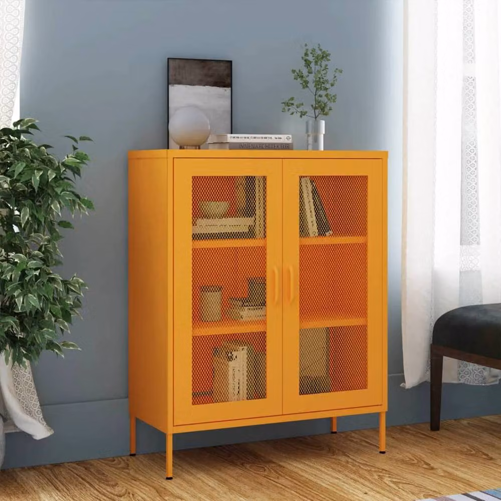 Berkfield Home Steel Storage Cabinet with Glass Doors, Yellow, W: 80 cm, D: 35 cm, H: 101.5 cm – 2