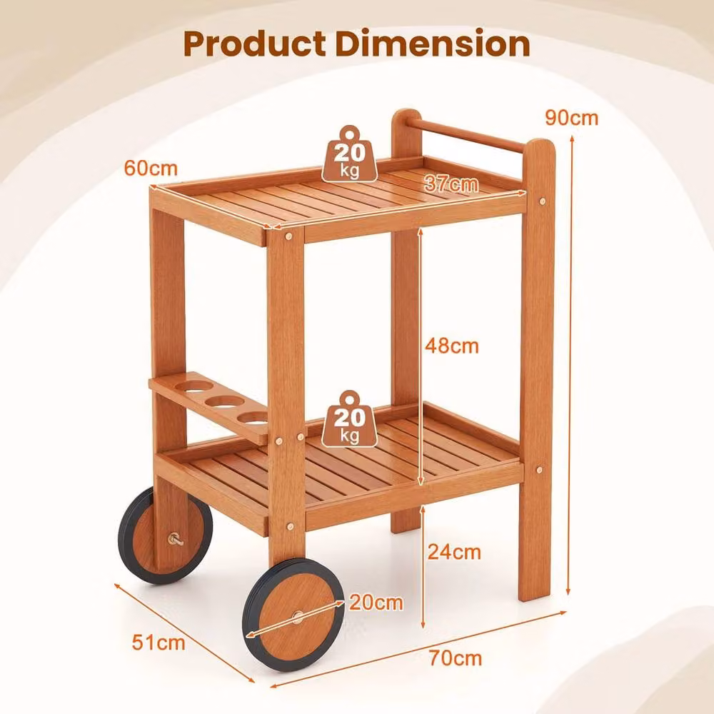 VOGREX Classic Oiled Wooden Beverage Bar Cart in Brown with Castors – 3
