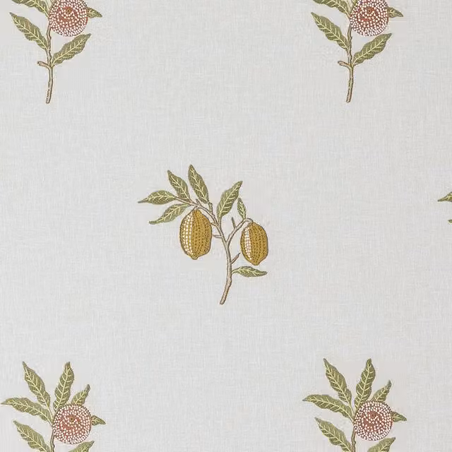 William Morris At Home Fruit Embroidered Fabric in Moss Green, Orange, and Yellow Multicolour