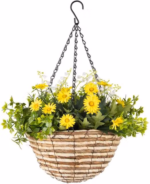 Christow Artificial Daisy Woven Hanging Basket in Yellow and Pink, UV Resistant Floral Foliage, Diameter: 25 cm