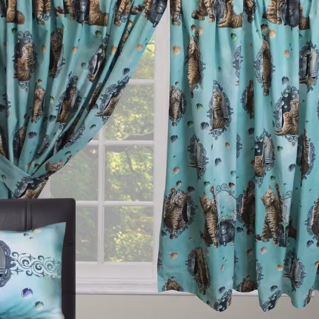 Lisa Parker Hubble Bubble Curtains Pencil Pleat Fabric Panel Cauldron Cats in Green, Grey, Purple and Turquoise, Width: 167.64 cm, Height: 182.88 cm