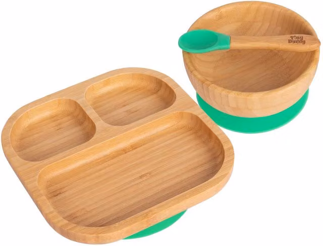 Tiny Dining Green Bamboo and Silicone Divided Suction Dinner Set for Babies