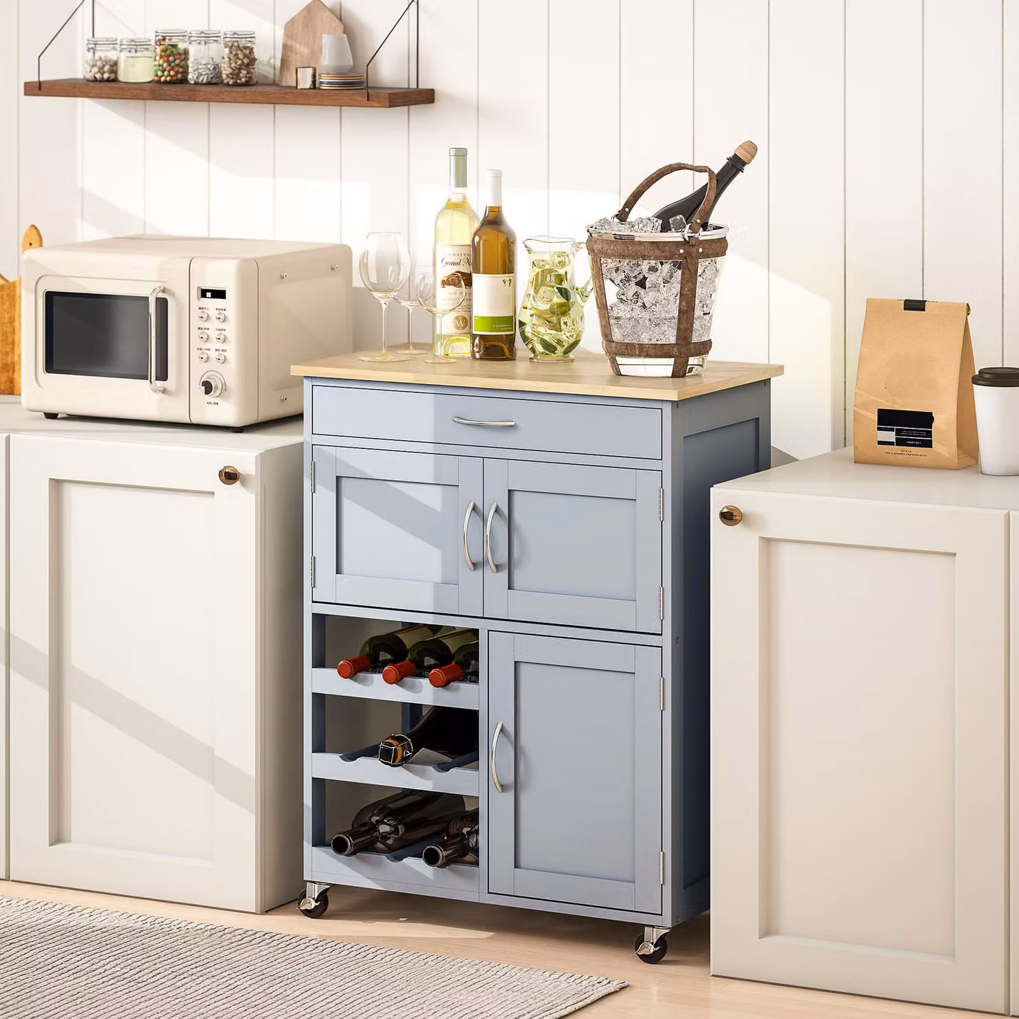HOMCOM Modern Kitchen Trolley with Drawer, 9-Bottle Wine Rack and Cabinets, Grey and White Rubberwood Storage Island – 5