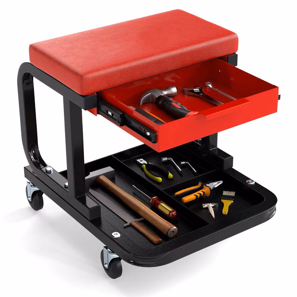 Costway Rolling Workshop Creeper Seat Padded Mechanic Stool with Drawer and Shelf in Red and Multicolour – 3