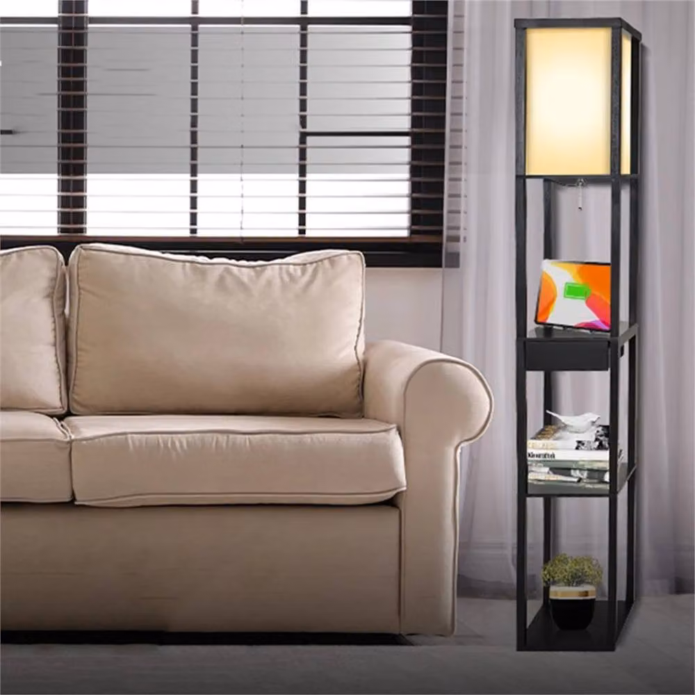 FLAVORA Black Wooden LED Floor Lamp with USB Port and Drawer Shelf – 3