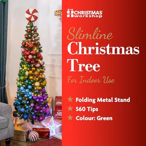 The Christmas Workshop 6ft Slimline Green Artificial Christmas Tree with Metal Stand – 4