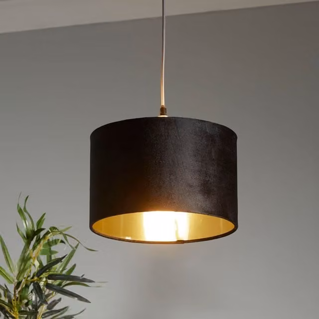 Lighting Collection Black Velvet Cylinder Lamp Shade with Brushed Gold Inner Shade, Diameter: 27 cm – 1