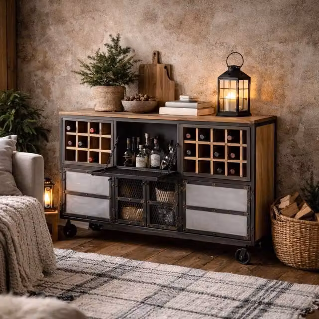 Wyld Haus Hanko Industrial Reclaimed Wood and Metal Wine Cabinet in Brown