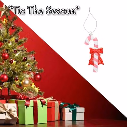 VFM e-Store Red Striped Glass Candy Cane Hanging Christmas Tree Ornament, H: 18 cm, W: 8 cm, D: 2 cm – 6