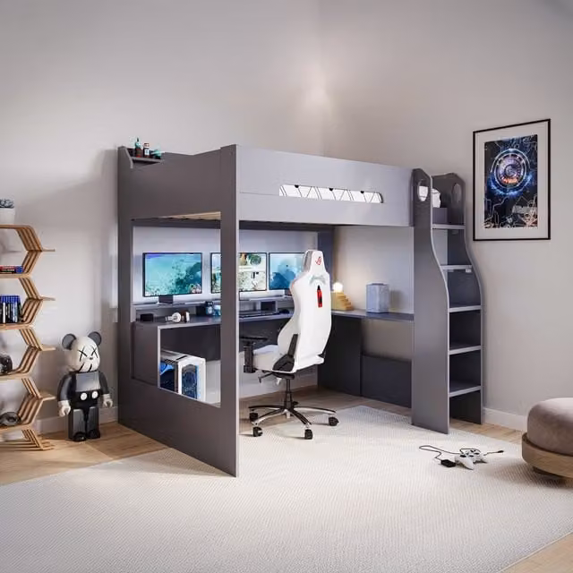 Flair Skyhigh Small Double Gaming High Sleeper in Anthracite Grey with Stairs and Side Compartments, W/D/H: 120 x 200 cm