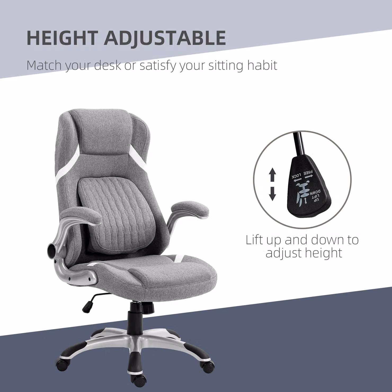 Vinsetto Ergonomic Grey Fabric Office Chair with Adjustable Height, Armrests and Swivel Castors – 4