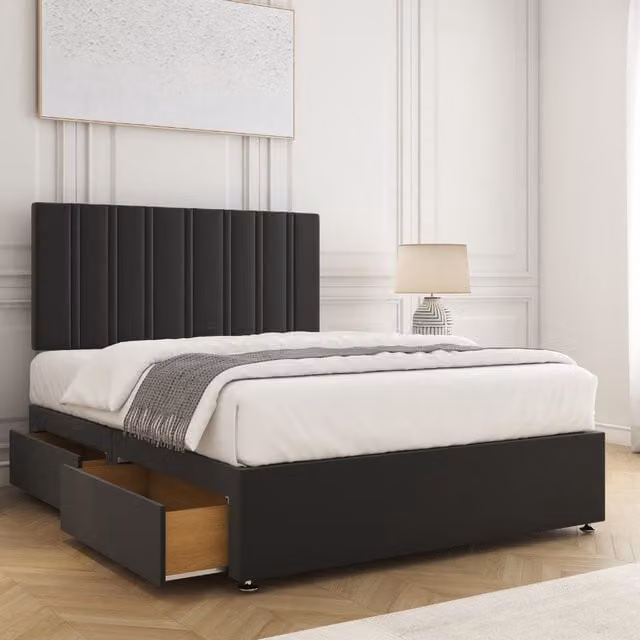 BSSPOKE Sienna Double Divan Bed Set with 24 inch Headboard, 2 Drawers, Footend and Mattress in Black Velvet