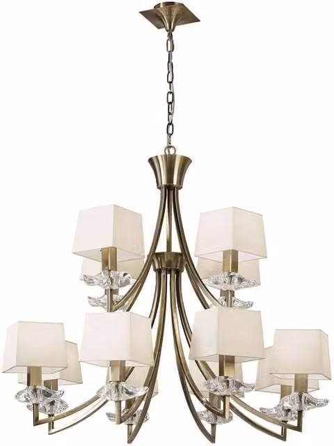 Netlighting Akira 2 Tier 12 Light Pendant with Cream Fabric Shades in Antique Brass – 1