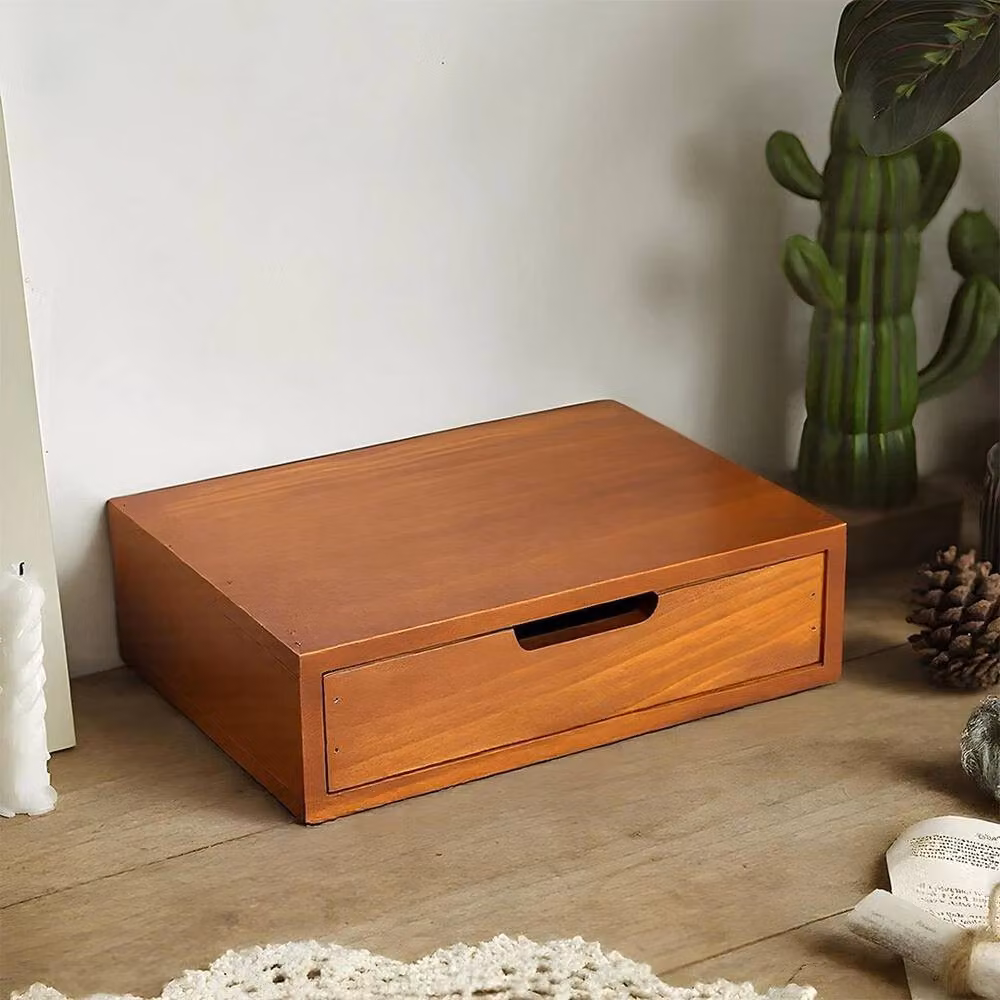 KORVIXA Retro Wooden 1-Drawer Desktop Storage Chest Organizer Box in Brown, W: 60 cm, D: 60 cm – 3