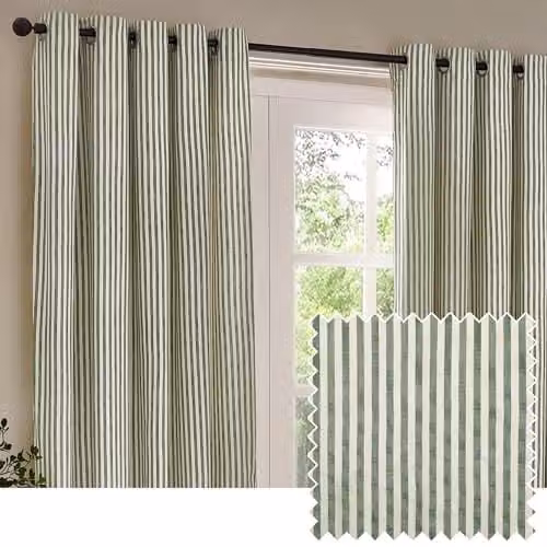 Riva Home Green Striped Semi-Transparent Cotton Eyelet Curtain Pair, H 229 cm x W 183 cm