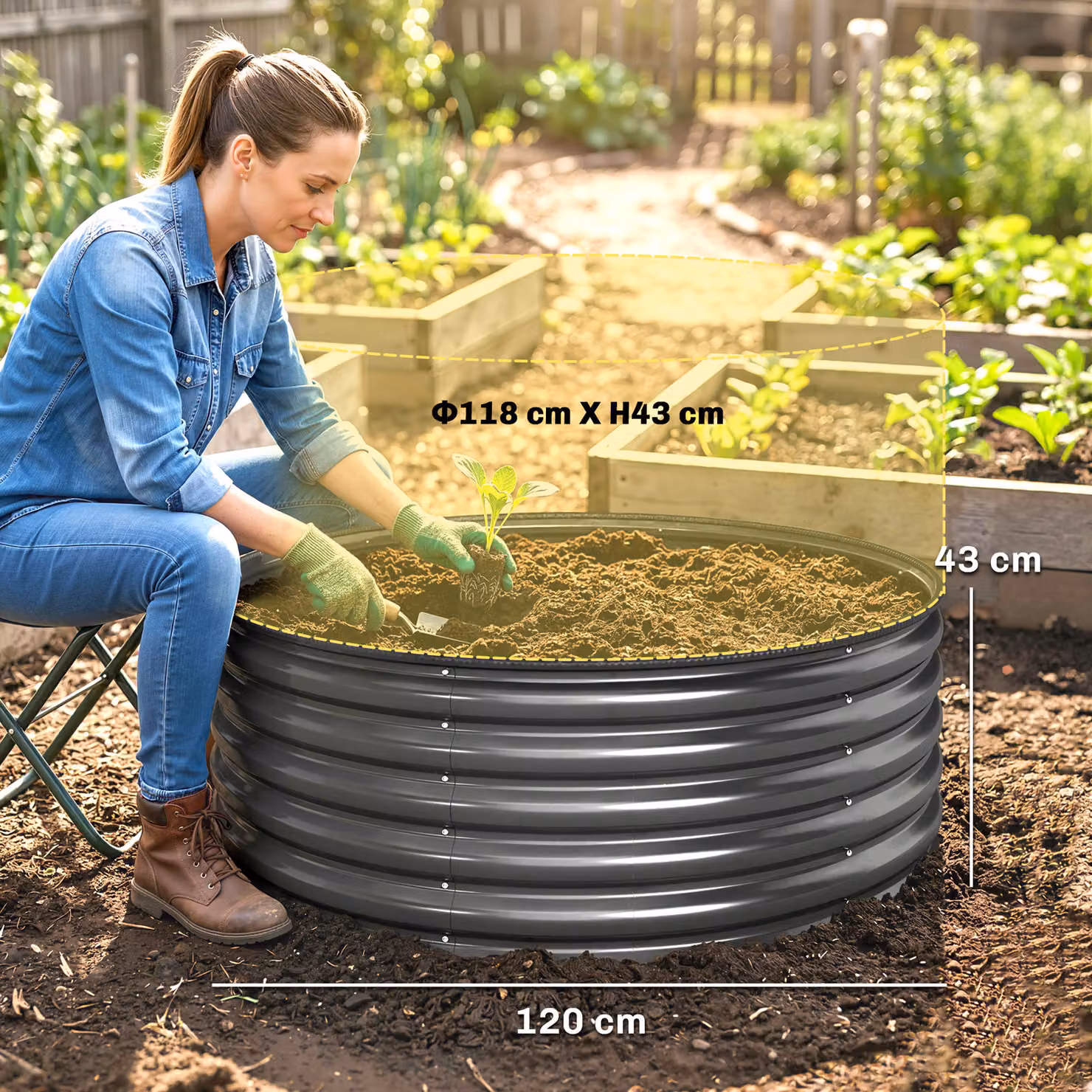 Outsunny Galvanised Steel Raised Garden Bed with Safety Edging in Dark Grey, W/D/H: 120 x 120 x 43 cm – 3