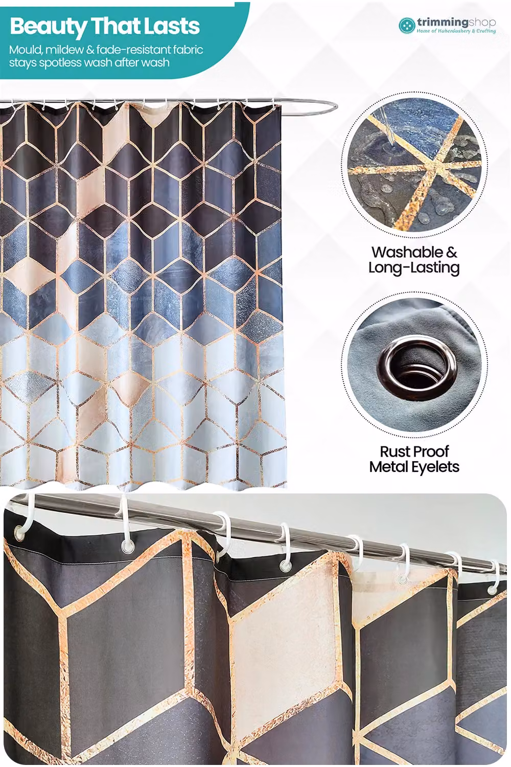 Neel Blue Geometric Waterproof Polyester Shower Curtain in Blue, W/D/H: 180 x 180 x 180 cm – 4