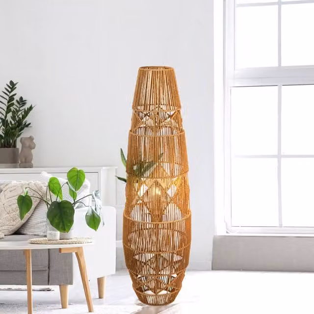 Lighting Collection Diamond Pattern Rattan Floor Lamp in Brown – 1
