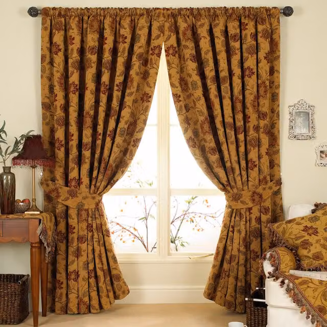 Zurich Gold Floral Pencil Pleat Thermal Insulating Curtains, Height: 229 cm