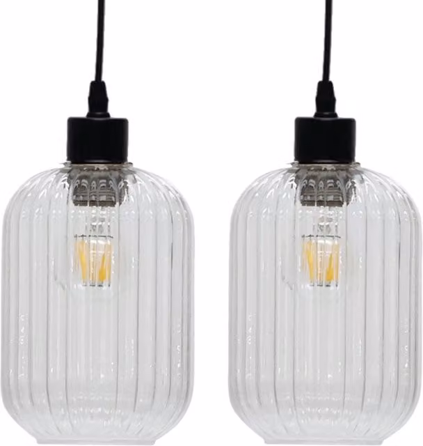 First Choice Lighting Batley Set of 2 Transparent Ribbed Glass Cylinder Easy Fit Pendant Shades
