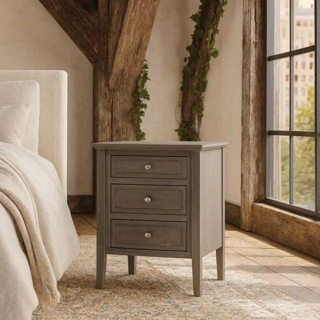 Wyld Haus Laurelbrook Three Drawer Wooden Bedside Table in Grey – 1