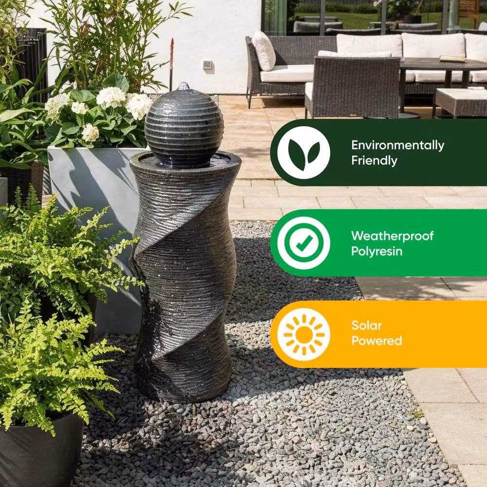 Gardenwize Solar Twisted Ball Water Feature with Warm White LED Lights and Battery Backup in Dark Grey, H 74.5 cm x W 27 cm x D 27 cm – 4