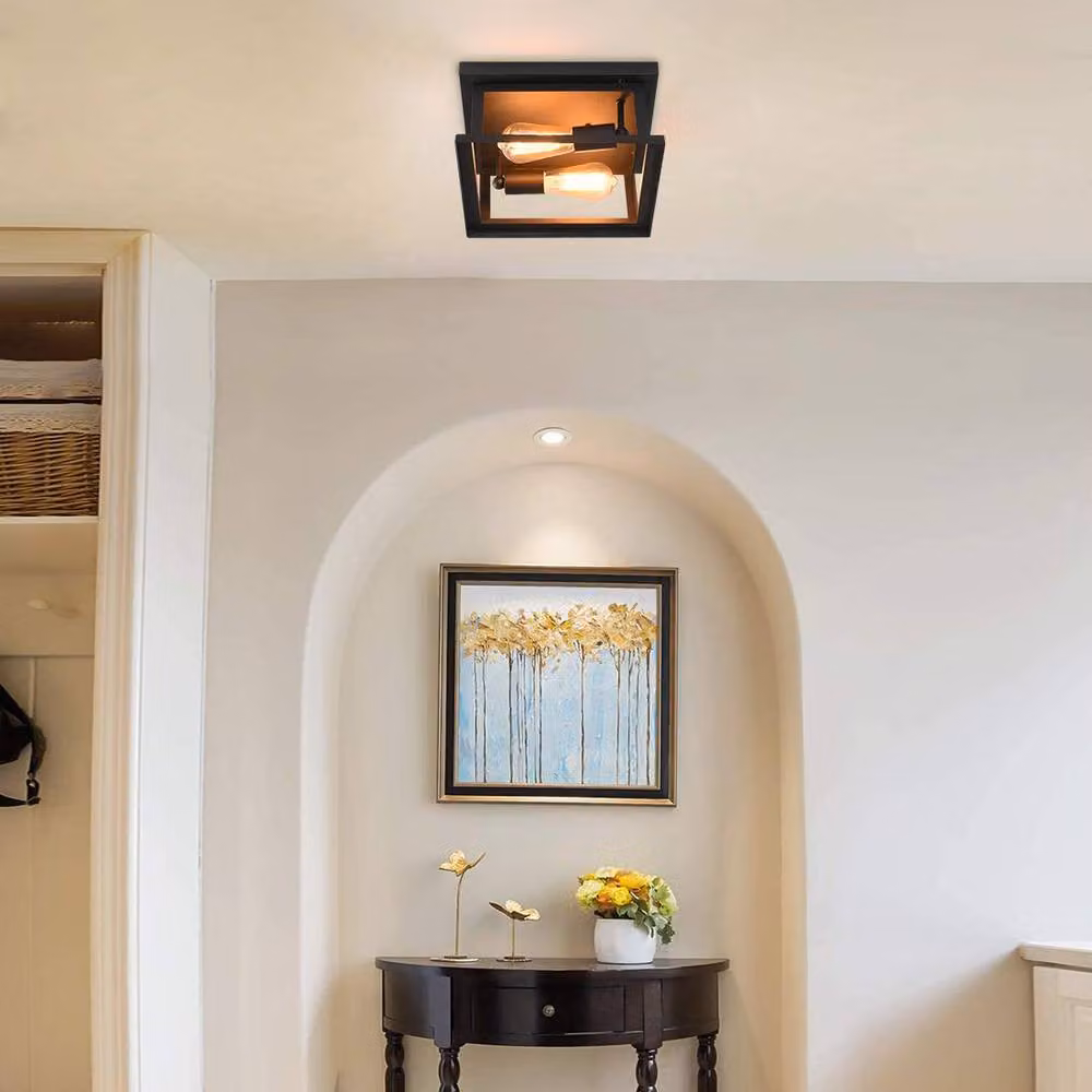 Garwarm 2-Light Retro Industrial Rectangular Black Metal Flush Mount Ceiling Light – 3