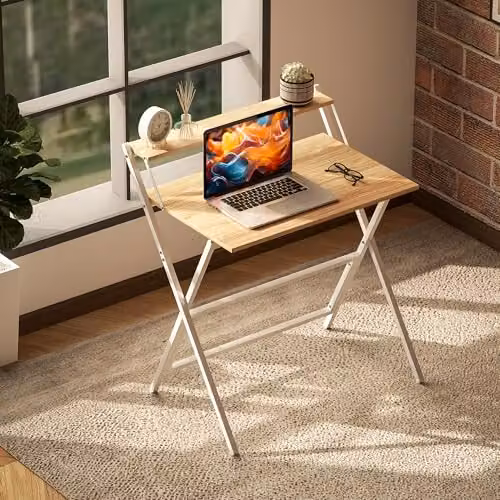 HOMCOM Folding Computer Desk with Monitor Shelf in Natural Wood Finish and White – 5