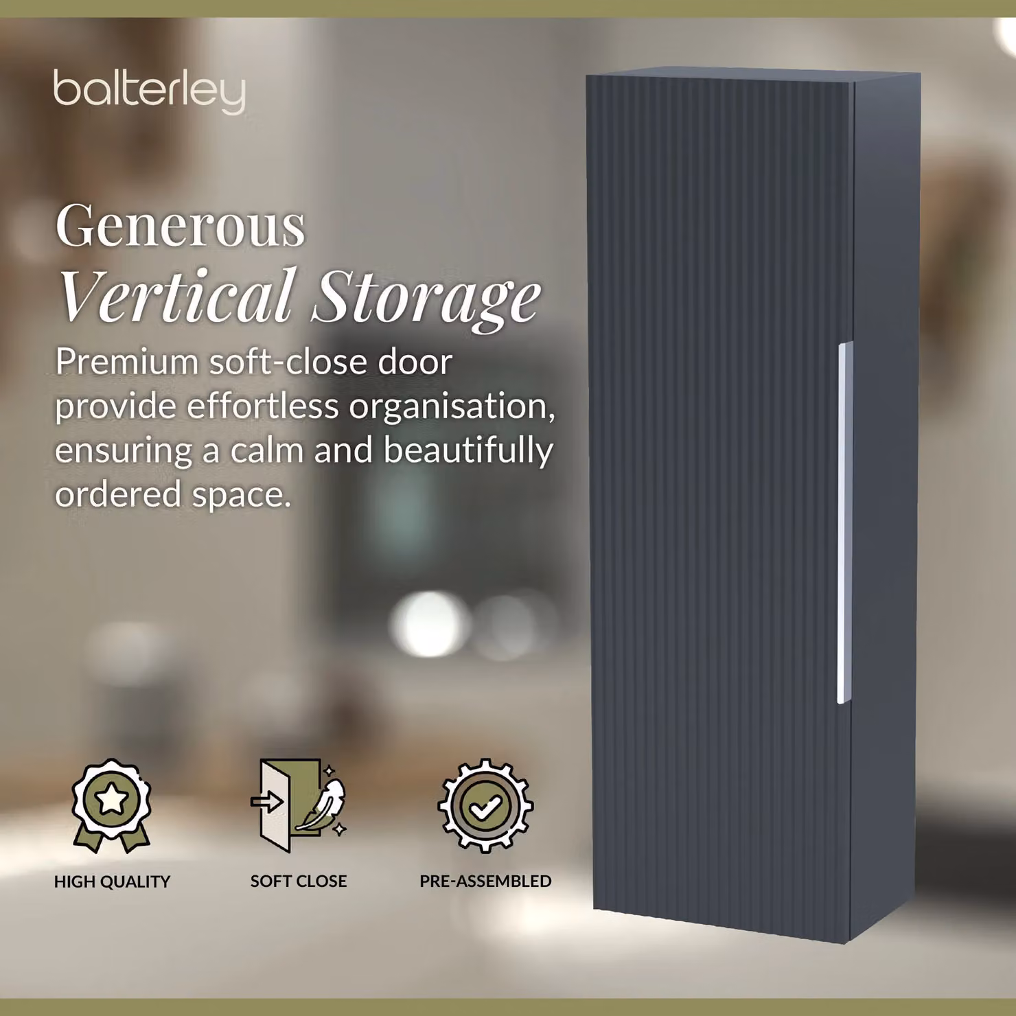Balterley Fluted Wall Hung Bathroom Storage Unit with Single Soft Close Door, Dark Grey, W/D/H: 40 x 40 x 40 cm – 3