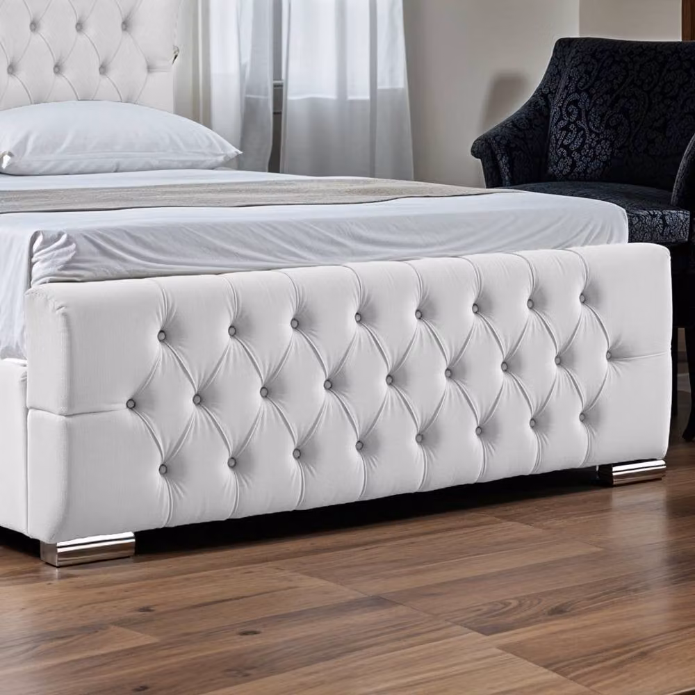 UK Bed Furniture Isabella Upholstered Slatted Base Bed with 48 Inch Wingback Headboard in White, W/D/H: 180 x 200 cm – 3