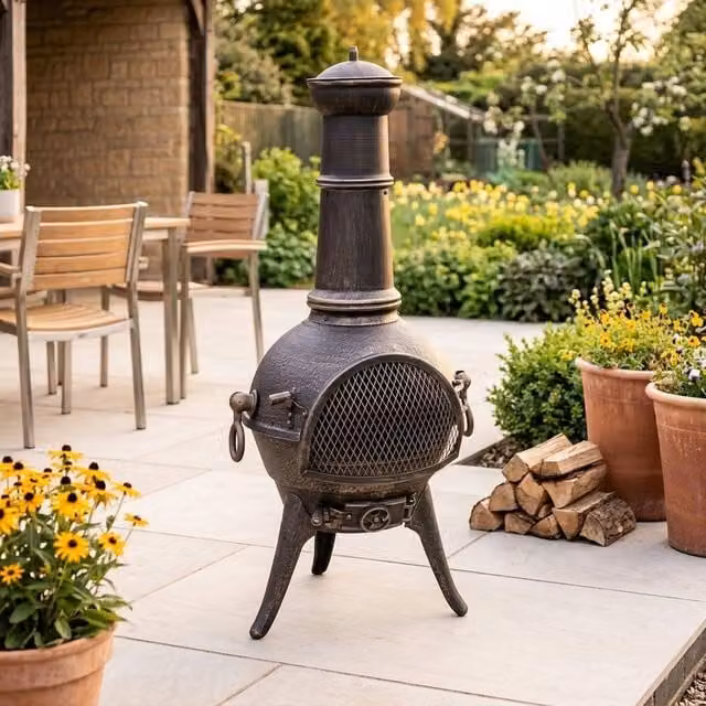 Garden Greatness Grande Clasico Traditional Chiminea in Bronze, Black and Multicolour Cast Iron and Steel