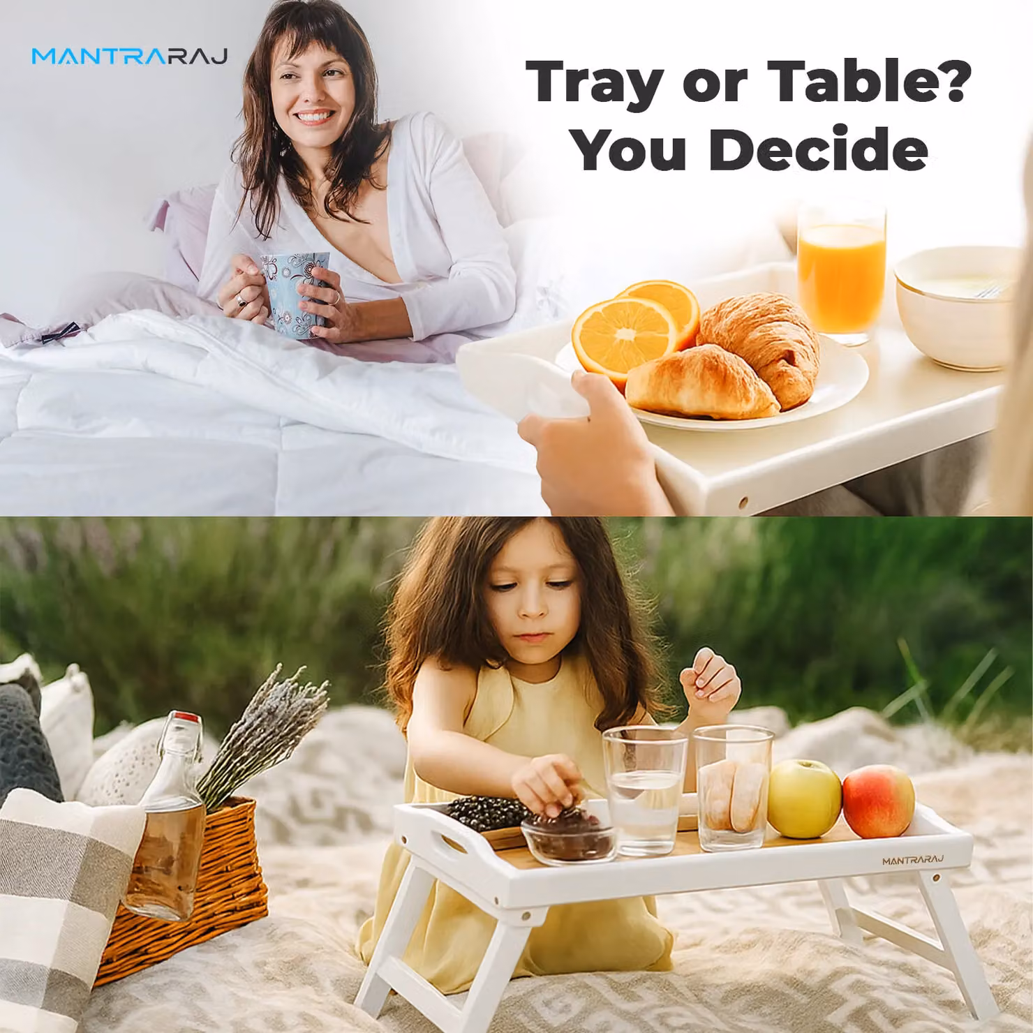 Mantraraj Bamboo Bed Tray Table with Foldable Legs, White, 2 Pack – 5