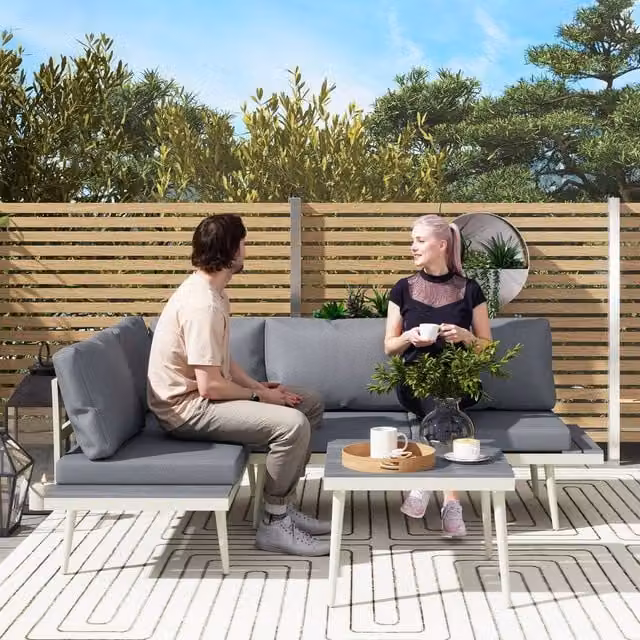 OUTSUNNY 3 Piece L-Shape Garden Furniture Set in Grey with Upholstered Cushions and Powder Coated Steel Frame