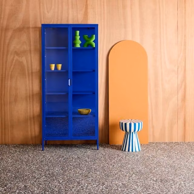sweeek Industrial Sideboard and China Cabinet in Blue with Steel and Tempered Glass and 2 Doors, W/D/H: 180 x 35 x 80 cm