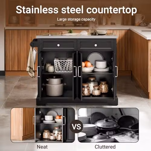 SoBuy Kitchen Island on Wheels with Extendable Worktop and Adjustable Shelves in Black, W/D/H: 92 x 46 x 115 cm – 3