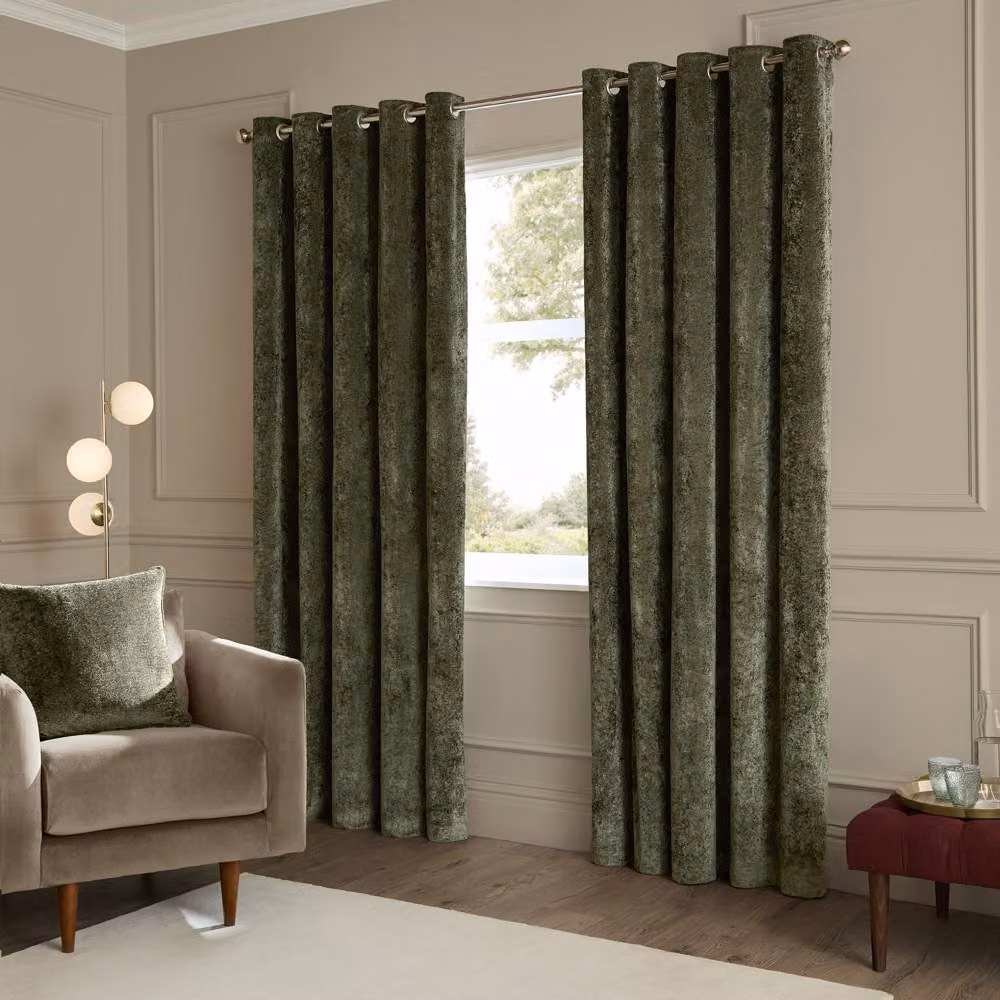 Paoletti Lustre Velvet Eyelet Curtain Pair in Green, Width: 229 cm, Drop: 183 cm – 2