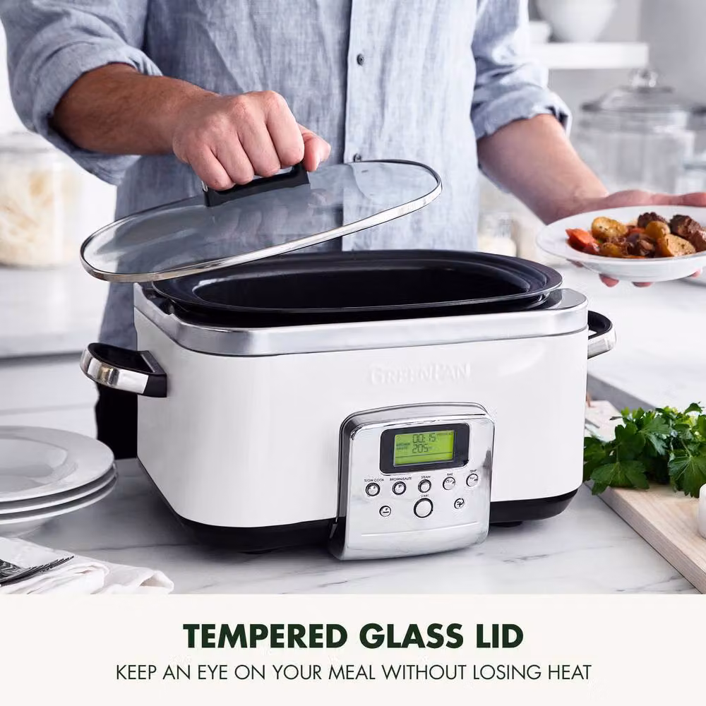 GreenPan Elite 8-in-1 6L Slowcooker with PFAS-Free Ceramic Non-stick Coating in White – 7