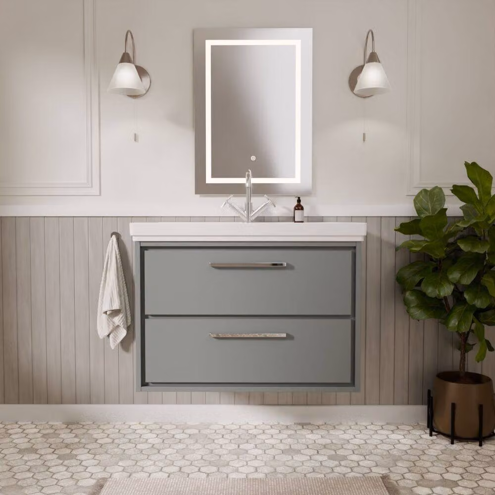 Balterley Modern Wall Hung 2-Drawer Bathroom Vanity with Fireclay Basin, Grey, W: 80 cm – 2