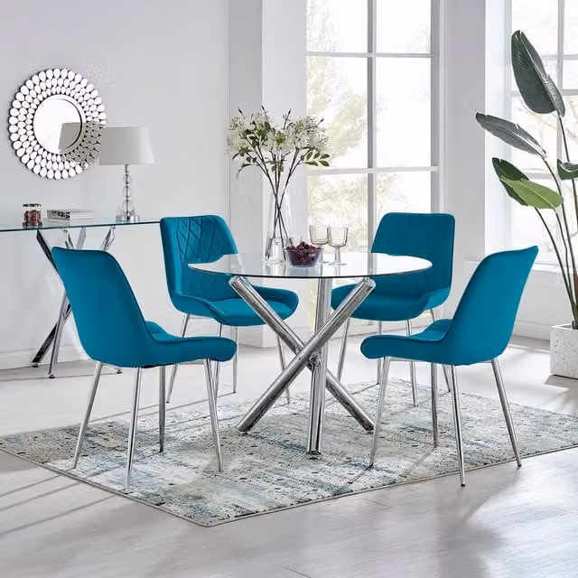 FurnitureboxUK Selina Round Glass Dining Table with Four Blue Pesaro Silver Leg Chairs
