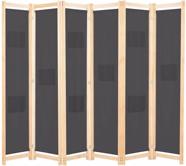 Berkfield Home 6-Panel Grey Fabric and Wood Room Divider, W/H/D: 240 x 170 x 4 cm