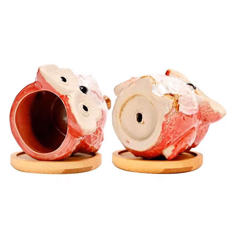 Simpa 6-Piece Multicolour Cartoon Owl Ceramic Plant Pots with Wood Bases, H 7.3 cm x Dia 7.3 cm – 3