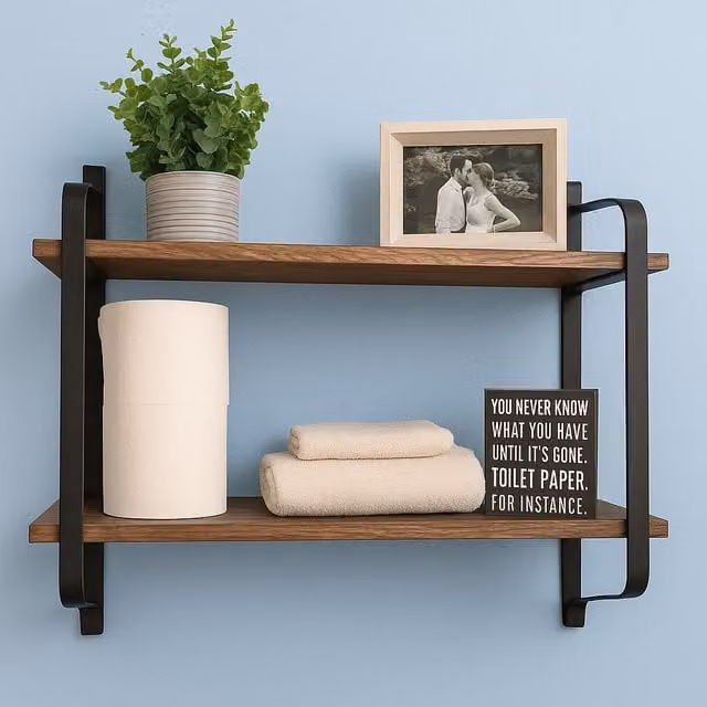 Rafaelo Mobilia Industrial 2 Tier Wooden Floating Shelf in Brown and Black, W/D/H: 60 x 15 x 51.5 cm