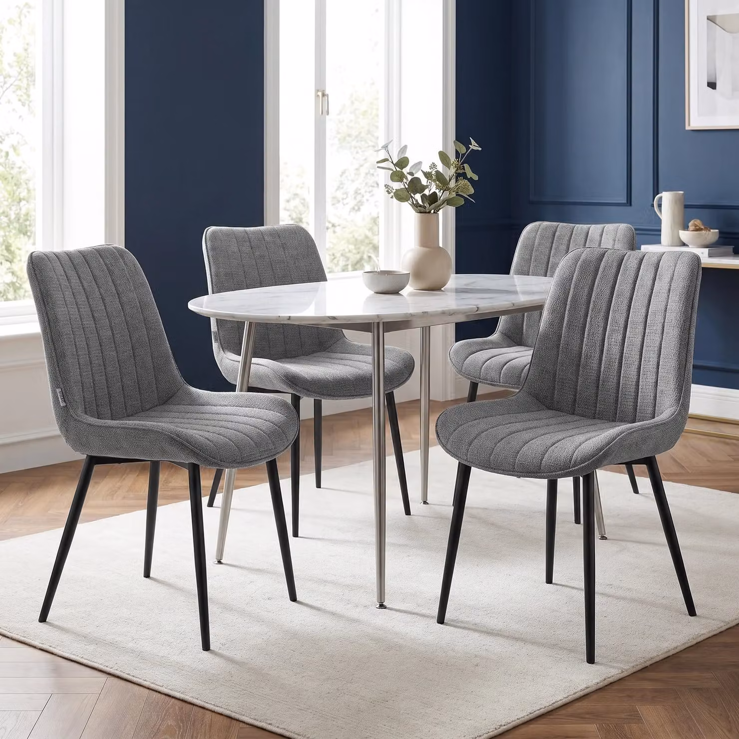 DHS Set of 4 Grey Vertical Lining Fabric Dining Chairs with Metal Frame