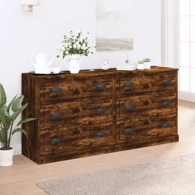 Berkfield Home Set of 2 Smoked Oak Sideboards in Brown, Wall Mounted MDF