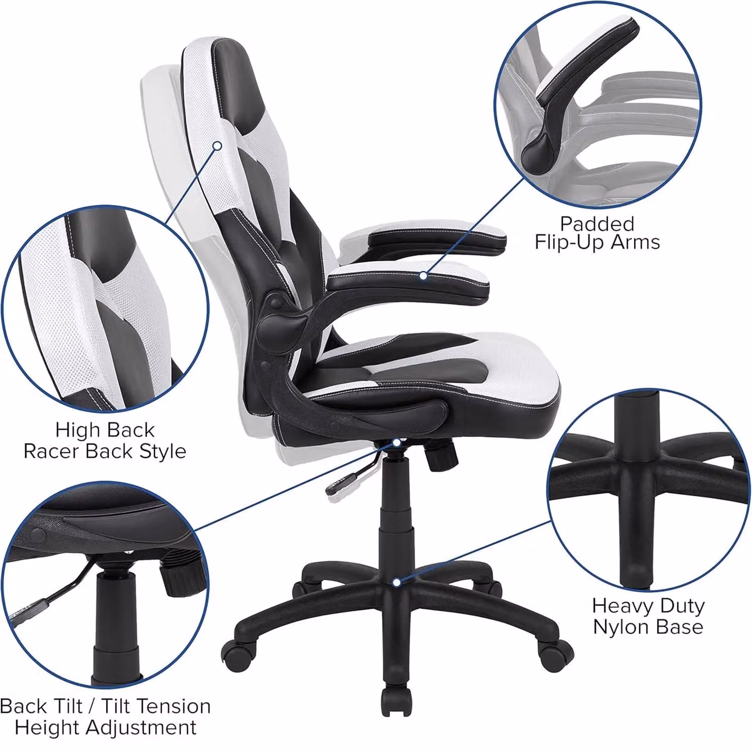 FWStyle Black and White Faux Leather Racer Style Deluxe Gaming Chair with Armrests – 2