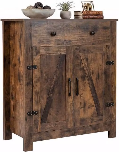 KORVIXA Brown Buffet Cabinet with 5-Tier Adjustable Shelf in Dark Brown Rustic Wood and Metal