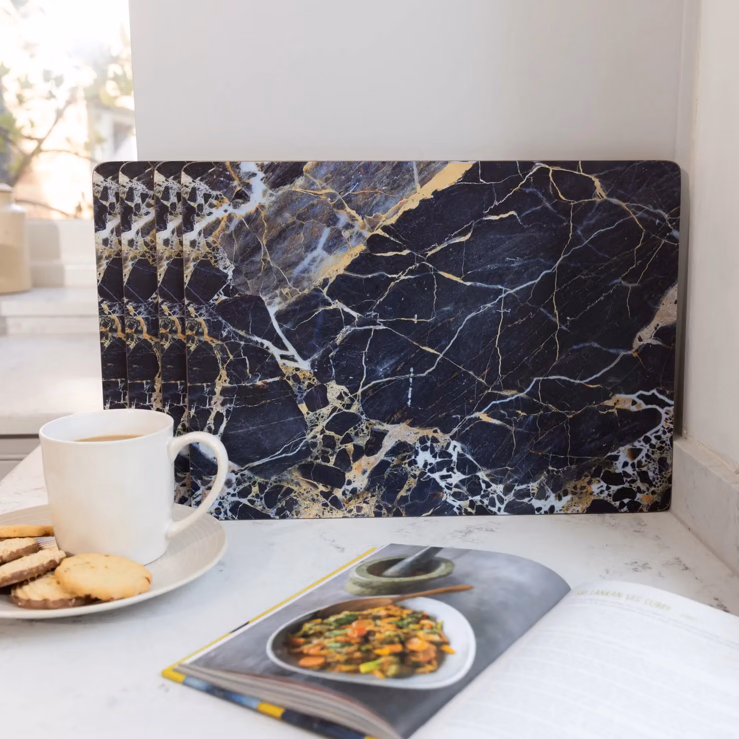 Creative Tops Navy Marble Premium Large Cork-Backed Placemats, Set of 4, Grey and Gold, W: 40 cm, D: 29 cm – 5